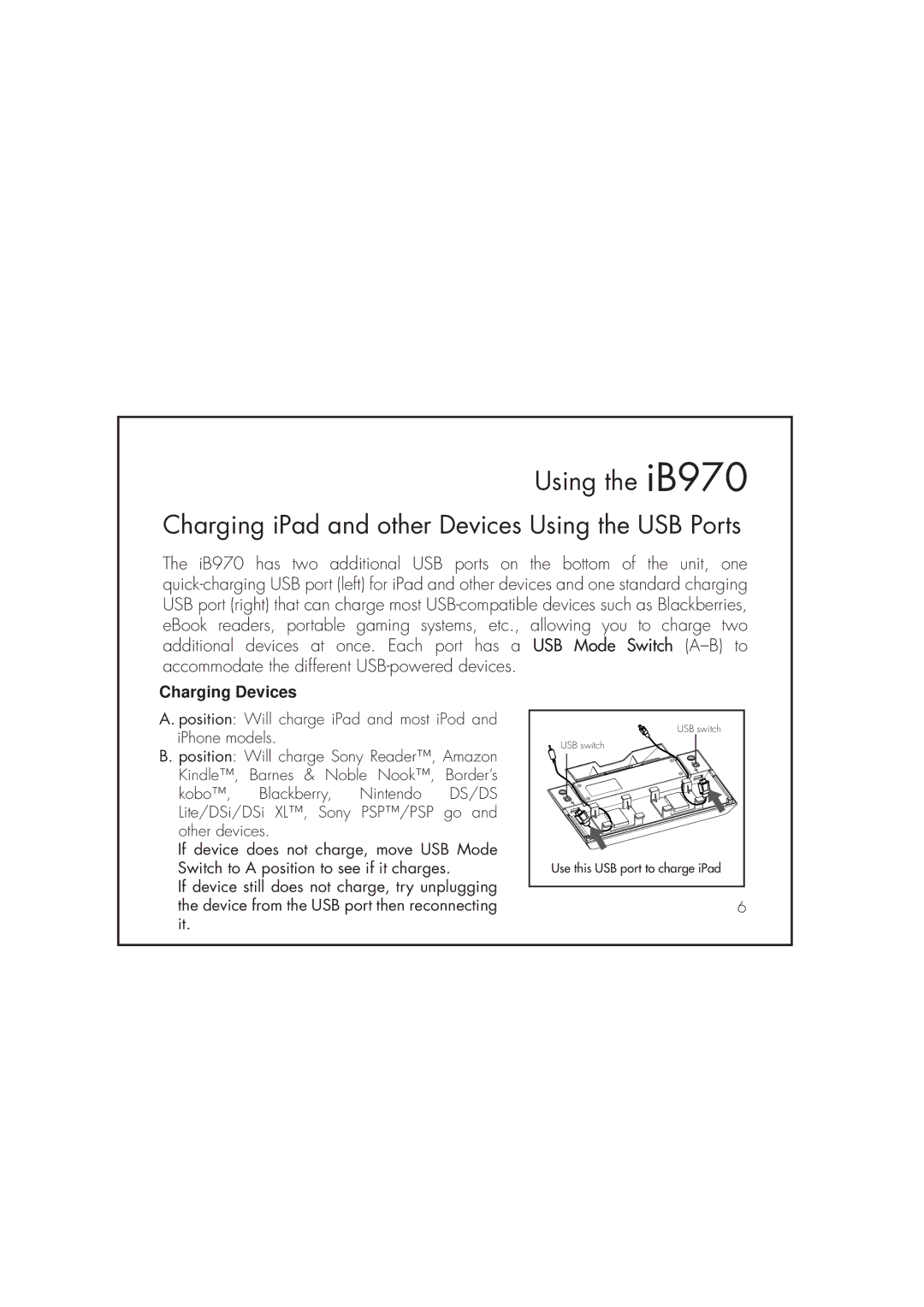 iHome iB970 instruction manual Charging iPad and other Devices Using the USB Ports, Charging Devices 