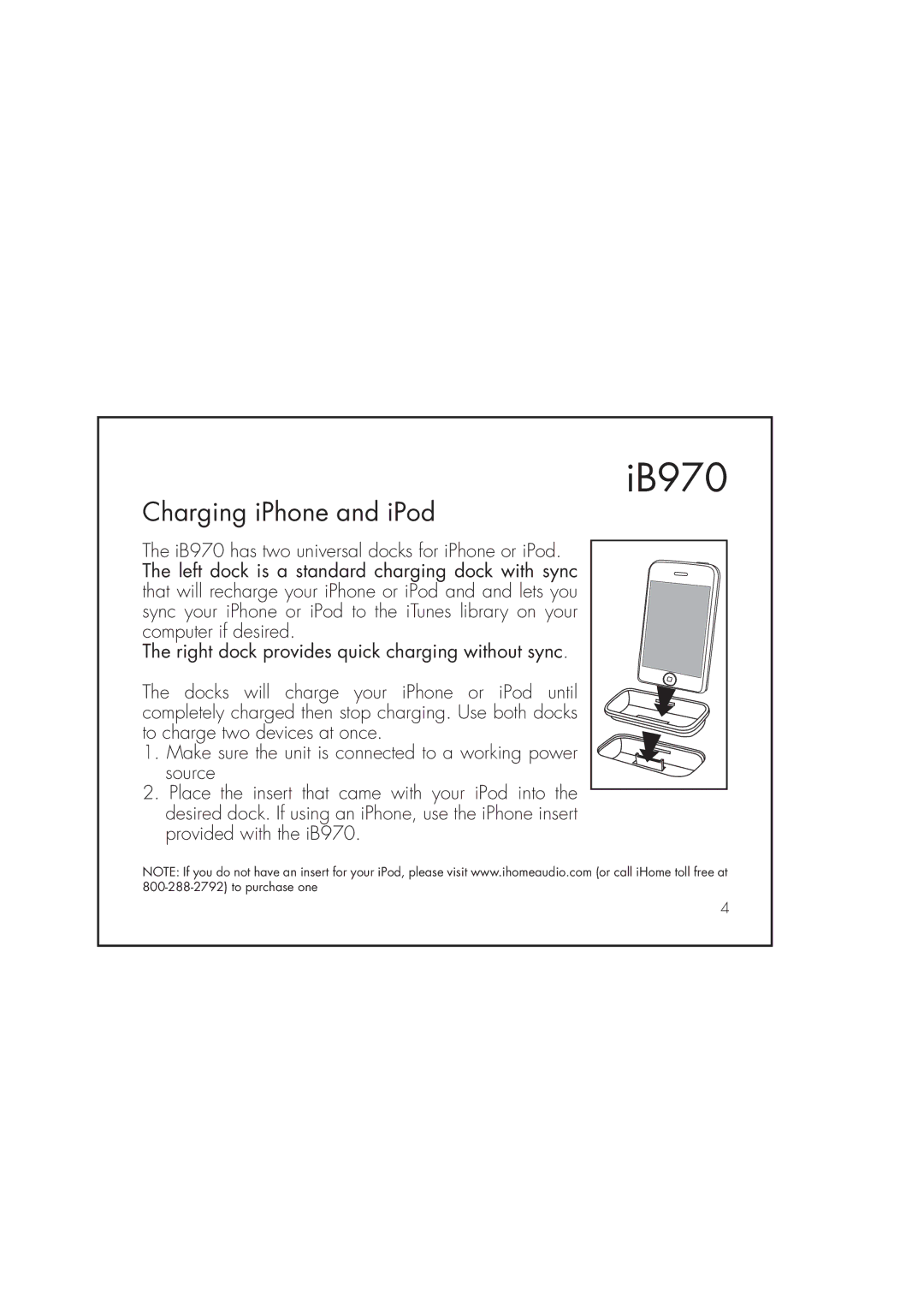 iHome iB970 instruction manual Charging iPhone and iPod 