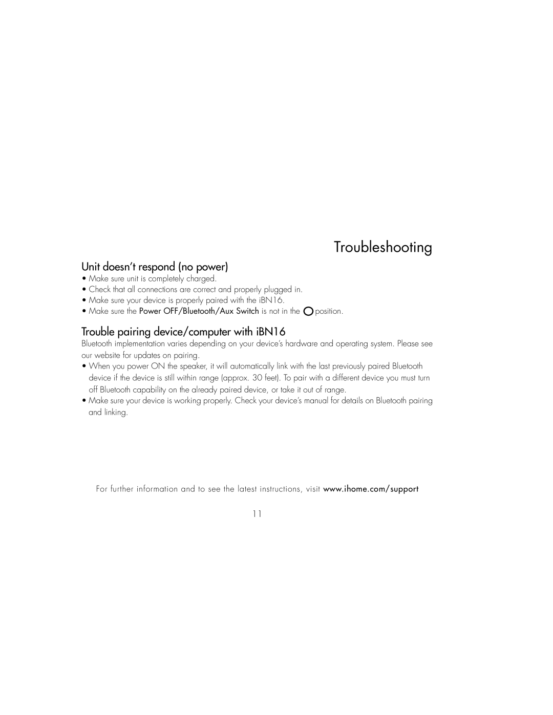 iHome instruction manual Unit doesn’t respond no power, Trouble pairing device/computer with iBN16 