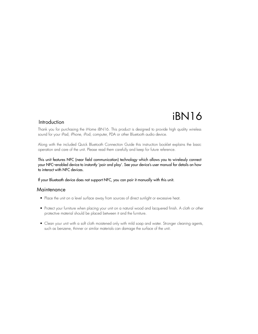 iHome iBN16 instruction manual Introduction, Maintenance 