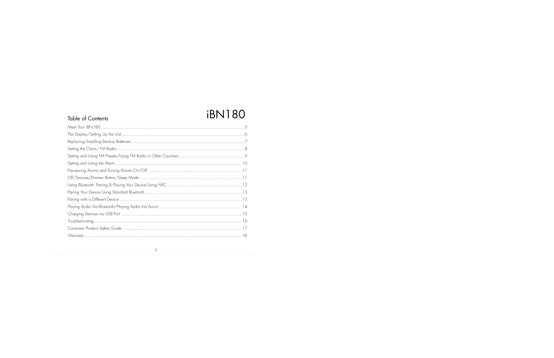 iHome iBN180 instruction manual Table of Contents, Off/Snooze/Dimmer Button/Sleep Mode 