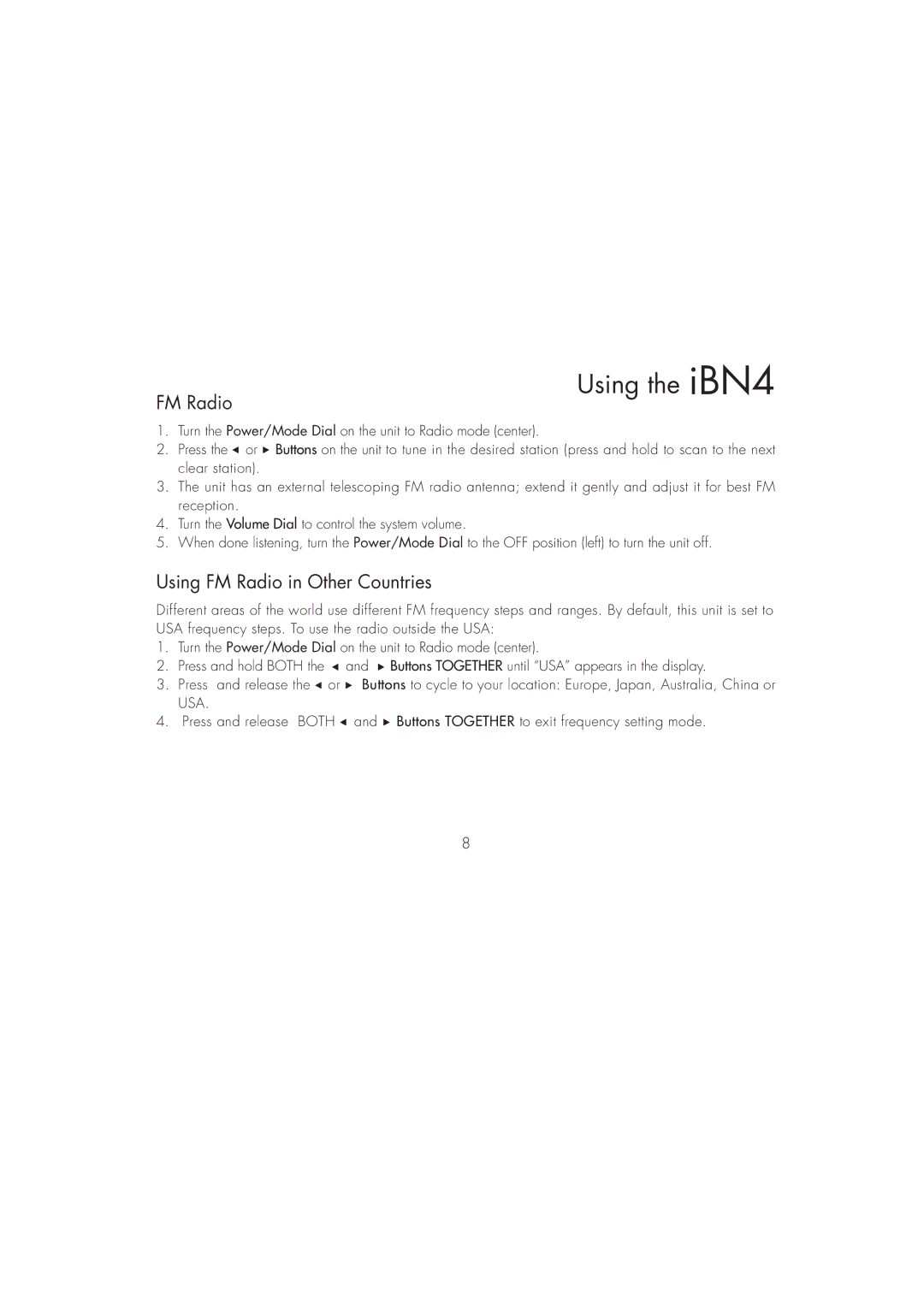 iHome iBN4 instruction manual Using FM Radio in Other Countries 