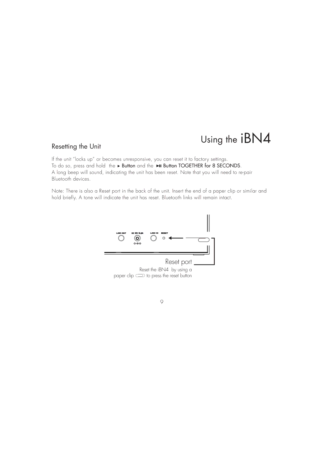 iHome iBN4 instruction manual Reset port, Resetting the Unit 