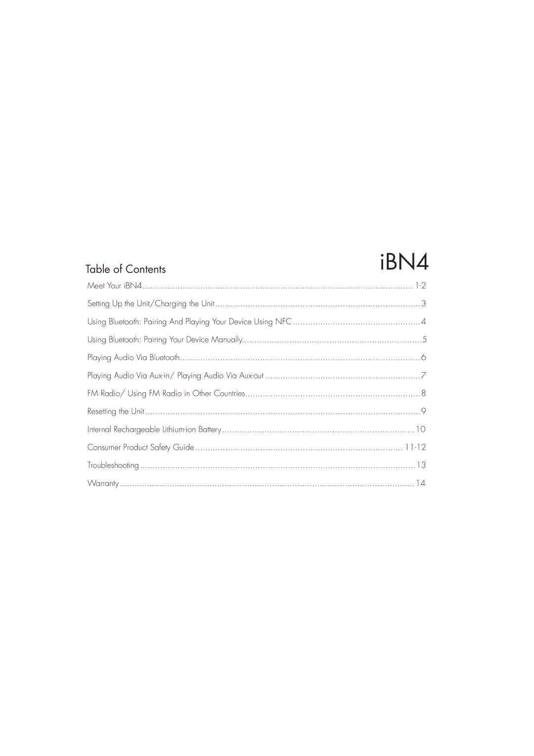 iHome iBN4 instruction manual Table of Contents 