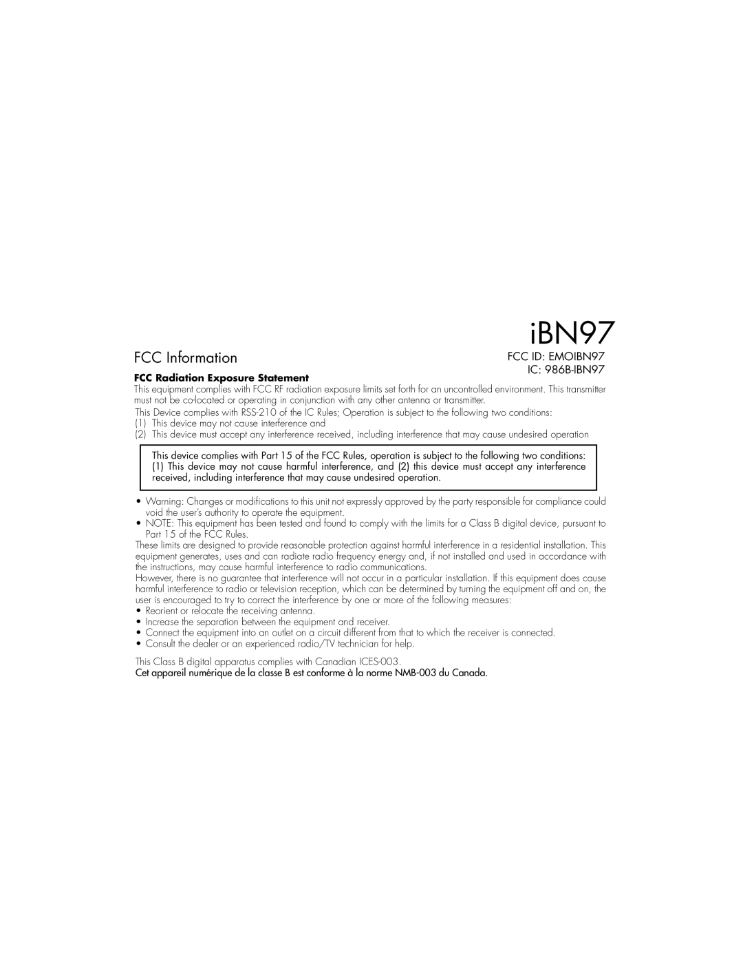 iHome iBN97 instruction manual FCC Information, FCC Radiation Exposure Statement 