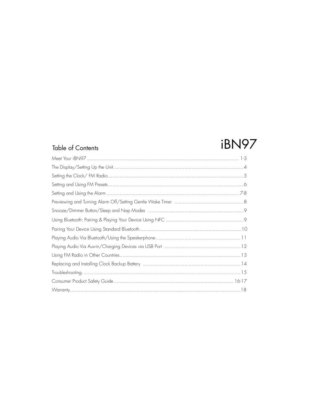 iHome instruction manual Table of Contents, Meet Your iBN97, Setting the Clock/ FM Radio, Setting and Using the Alarm 