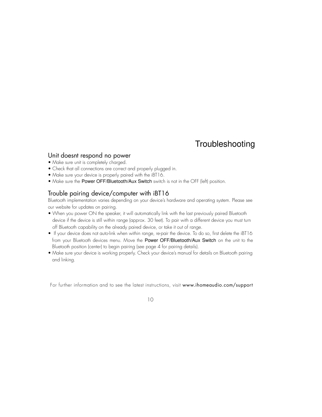 iHome IBT16LC, IBT16GC instruction manual Unit doesn’t respond no power, Trouble pairing device/computer with iBT16 