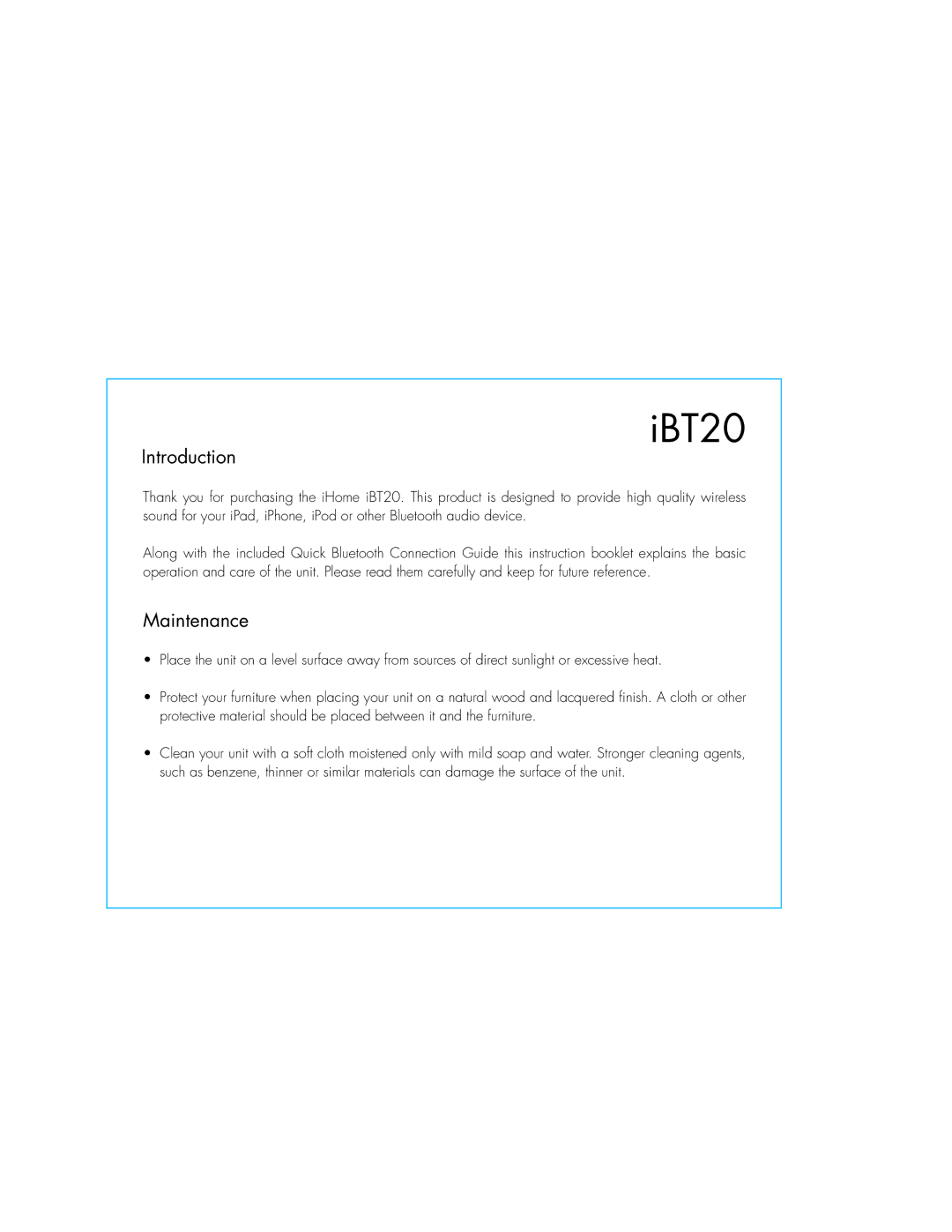 iHome IBT20GC, iBT20 instruction manual Introduction, Maintenance 