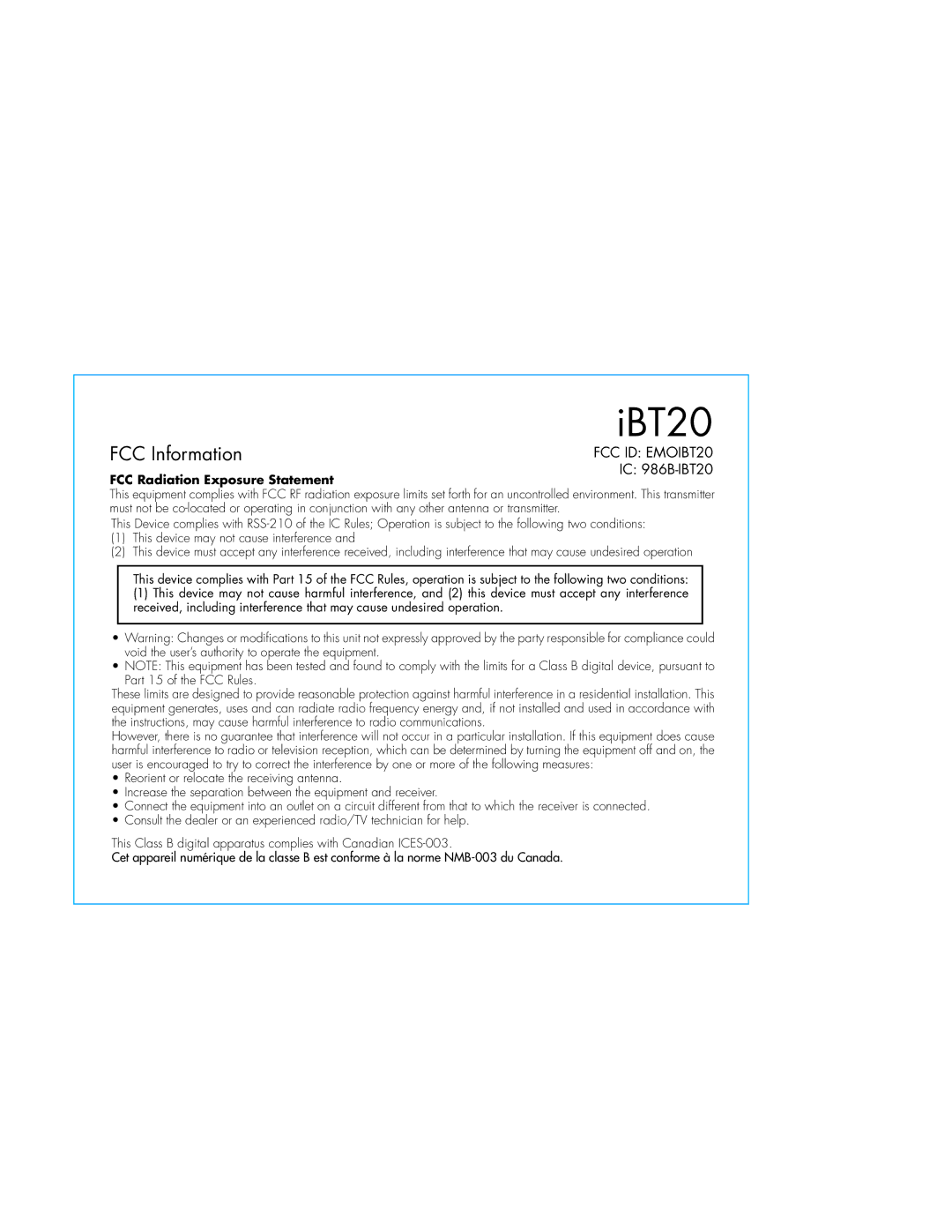 iHome iBT20, IBT20GC instruction manual FCC Information, FCC Radiation Exposure Statement 