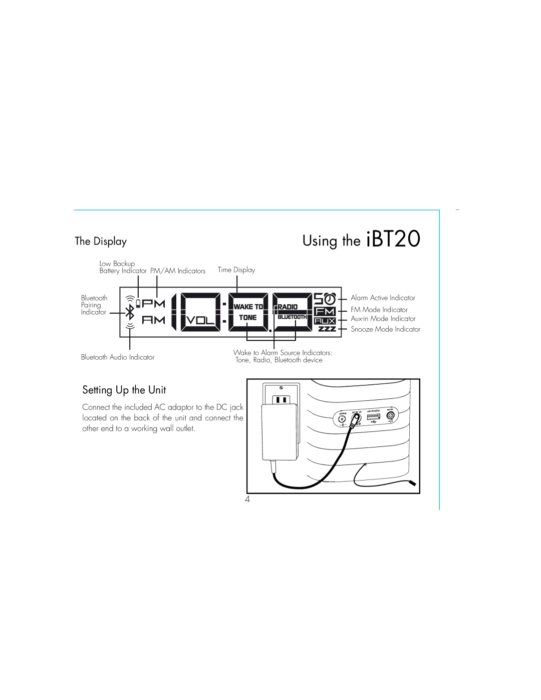 iHome IBT20GC, iBT20 instruction manual Display, Setting Up the Unit 