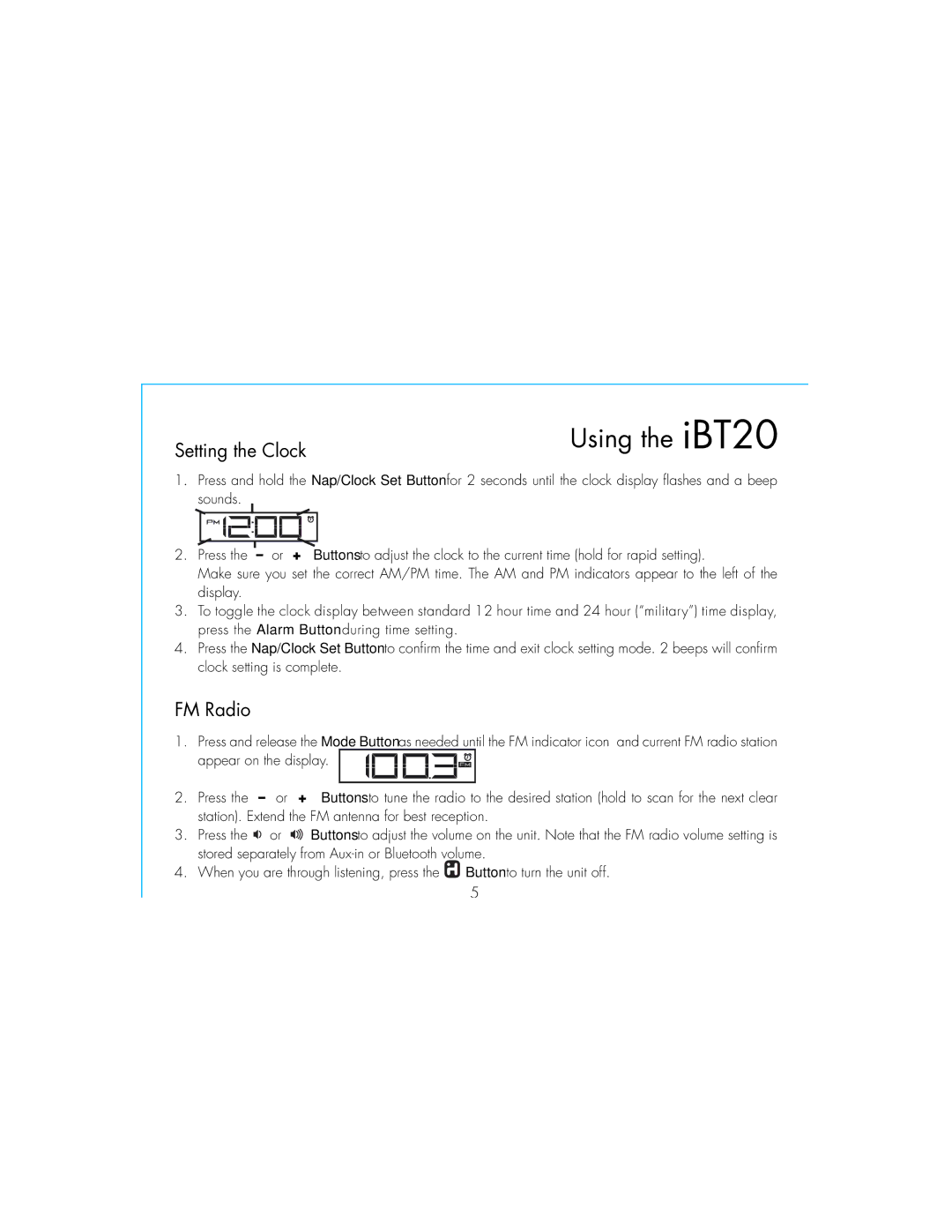iHome iBT20, IBT20GC instruction manual Setting the Clock, FM Radio 