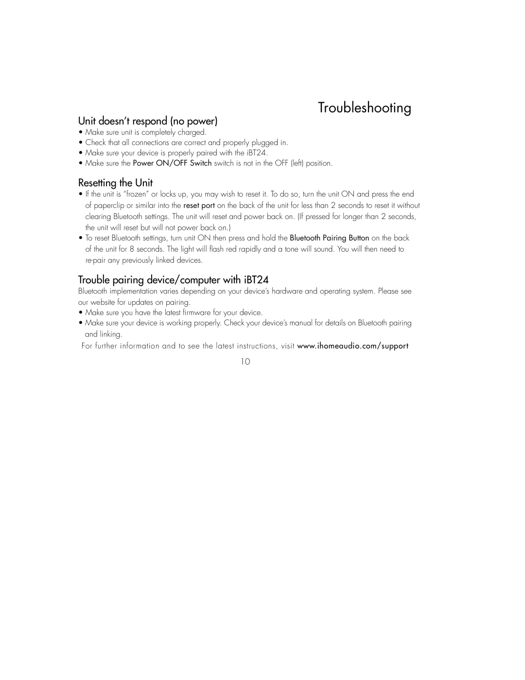 iHome IBT24GC, IBT24UC Unit doesn’t respond no power, Resetting the Unit, Trouble pairing device/computer with iBT24 