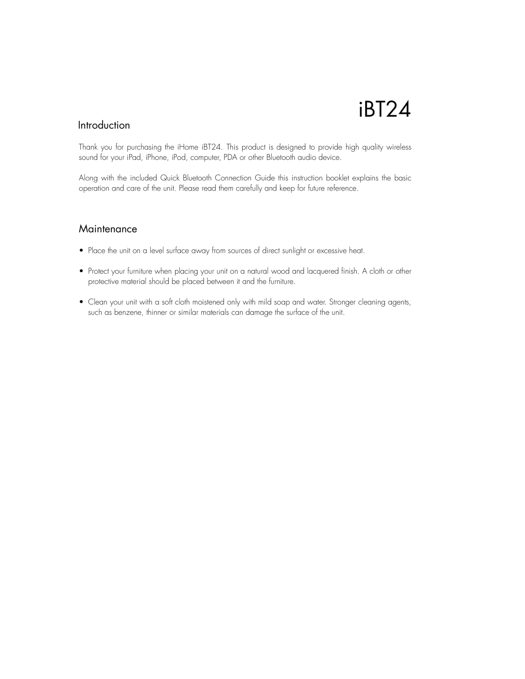 iHome IBT24GC, IBT24UC instruction manual Introduction, Maintenance 