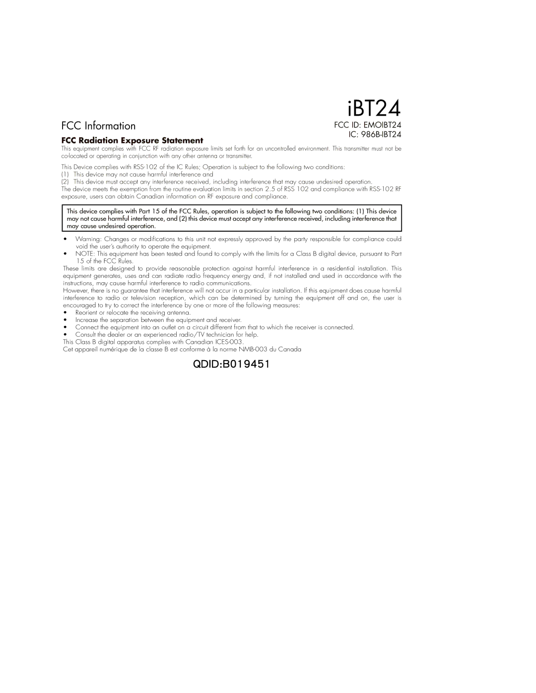 iHome IBT24UC, IBT24GC instruction manual QDIDB019451 