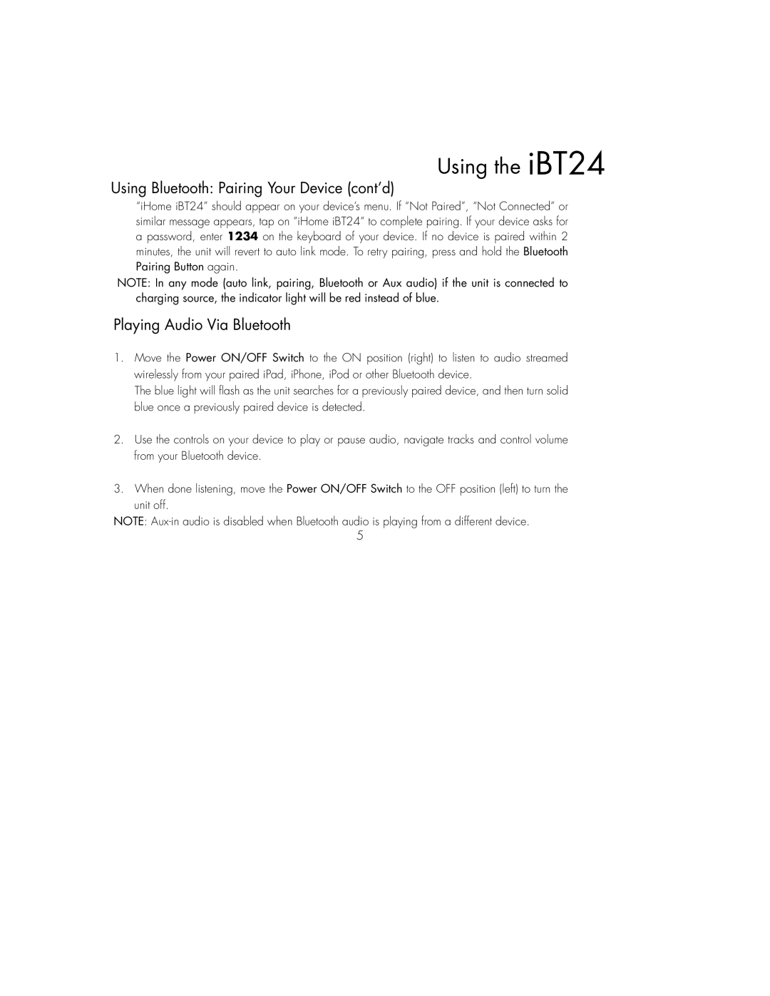 iHome IBT24UC, IBT24GC instruction manual Using Bluetooth Pairing Your Device cont’d, Playing Audio Via Bluetooth 