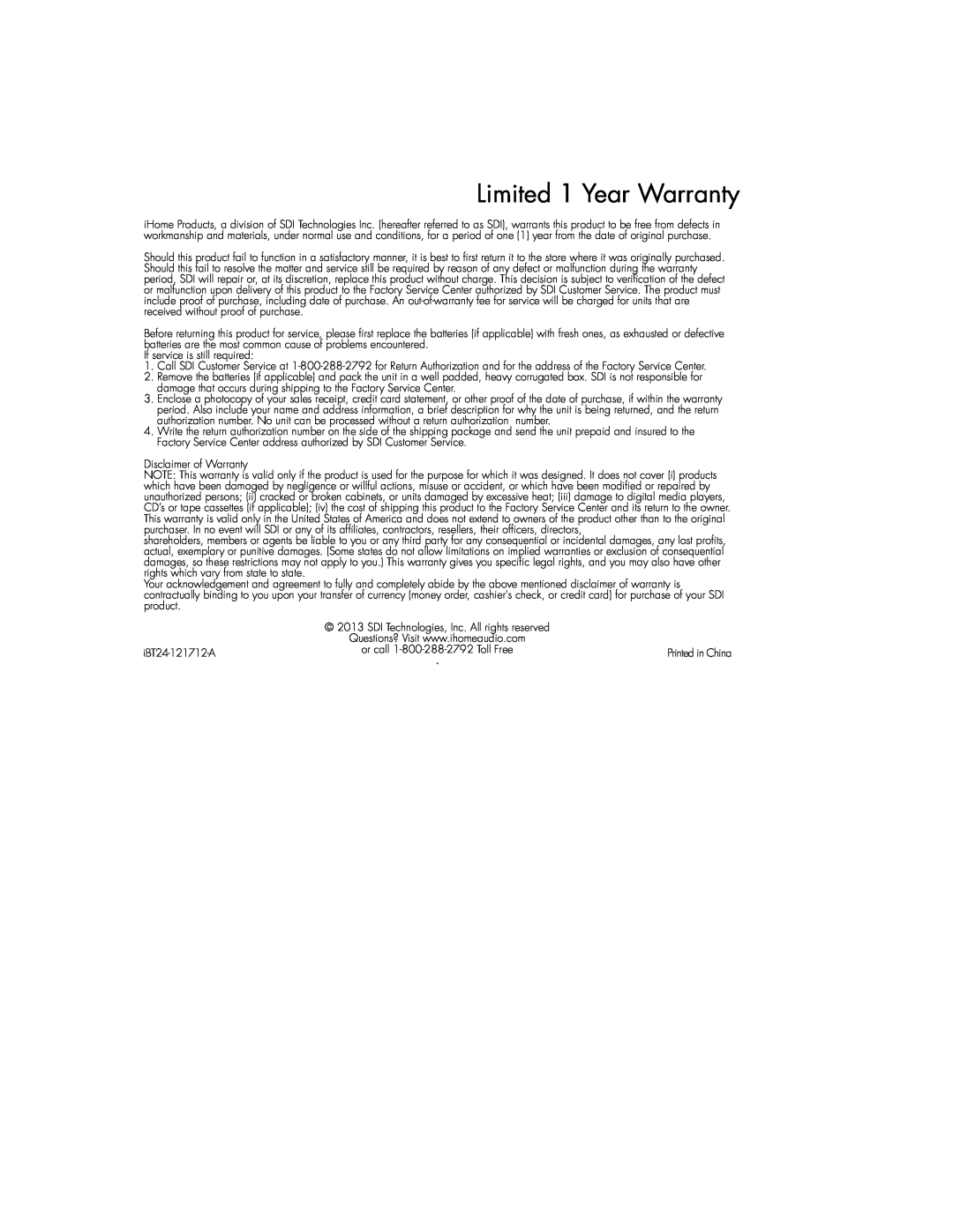 iHome IBT24UC, IBT24GC instruction manual Limited 1 Year Warranty 