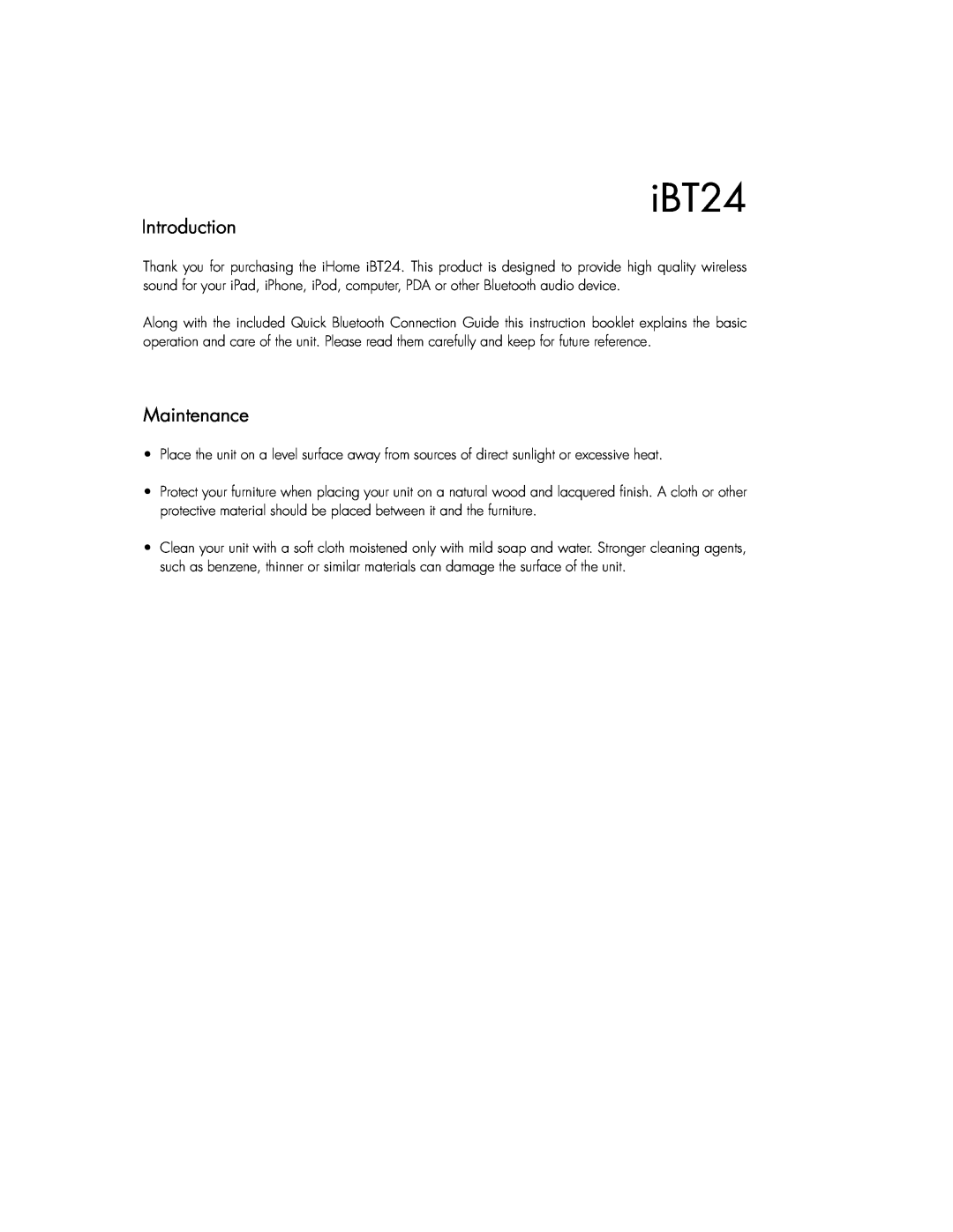 iHome IBT24GC, IBT24UC instruction manual iBT24, Introduction, Maintenance 