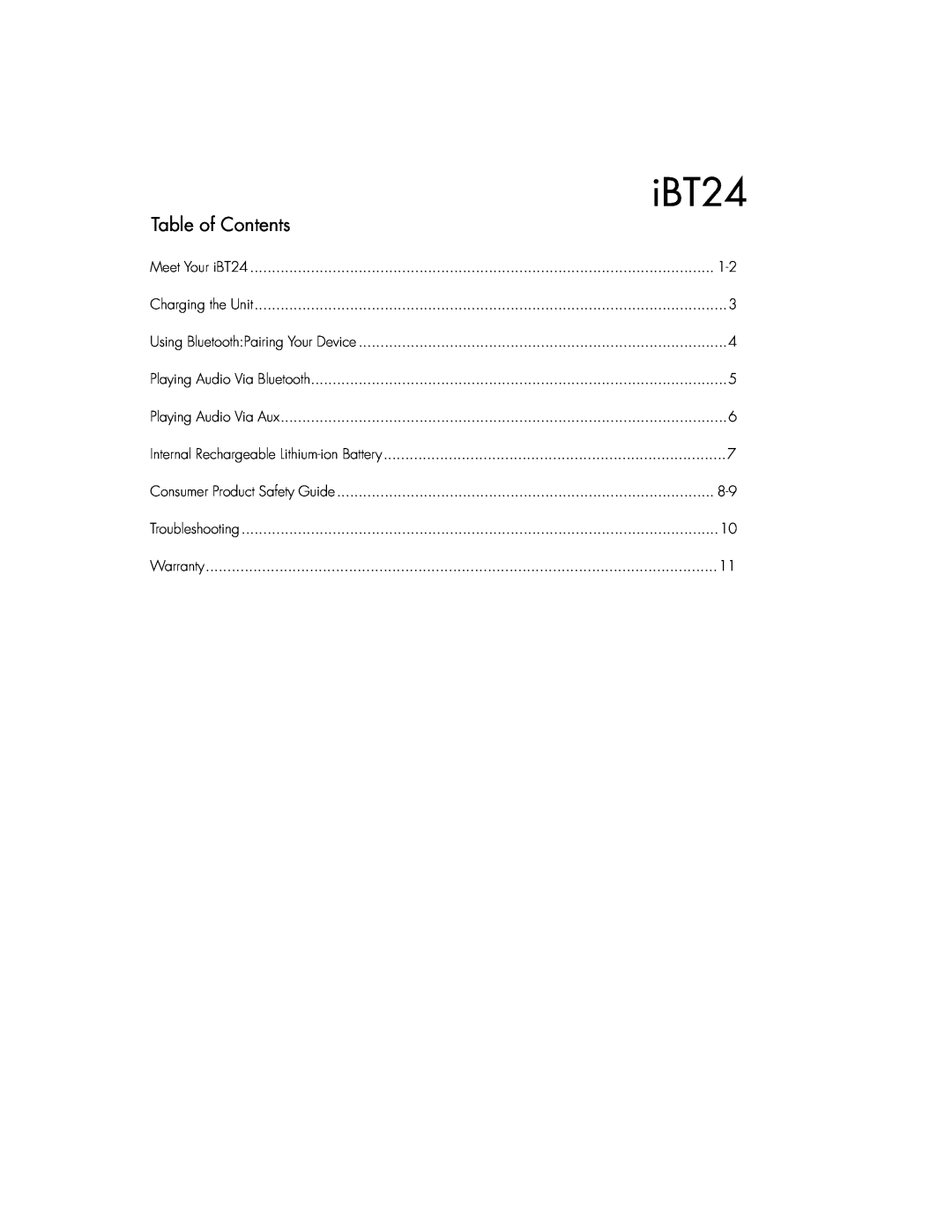iHome IBT24GC, IBT24UC instruction manual Table of Contents, iBT24 
