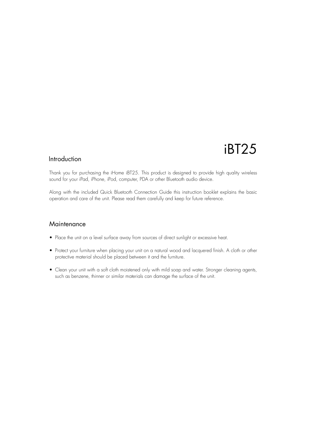 iHome IBT25BC instruction manual Introduction, Maintenance 