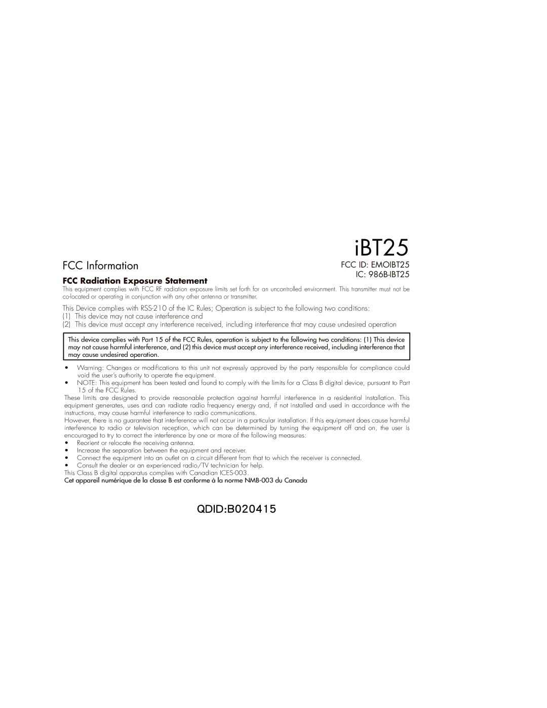 iHome IBT25BC instruction manual QDIDB020415 