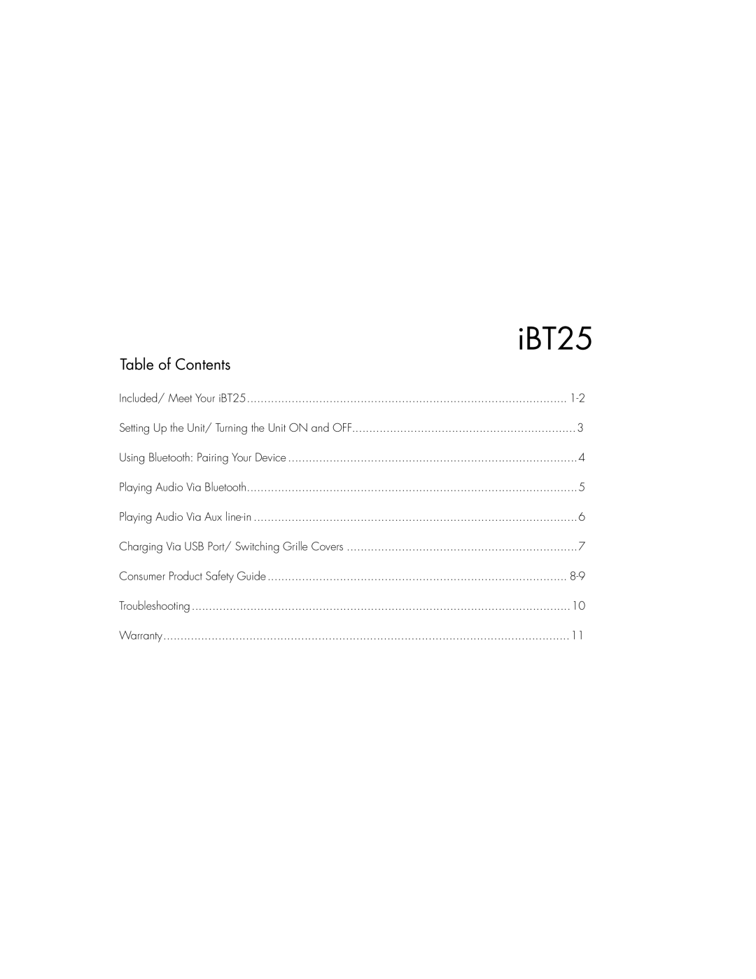 iHome IBT25BC instruction manual Table of Contents 