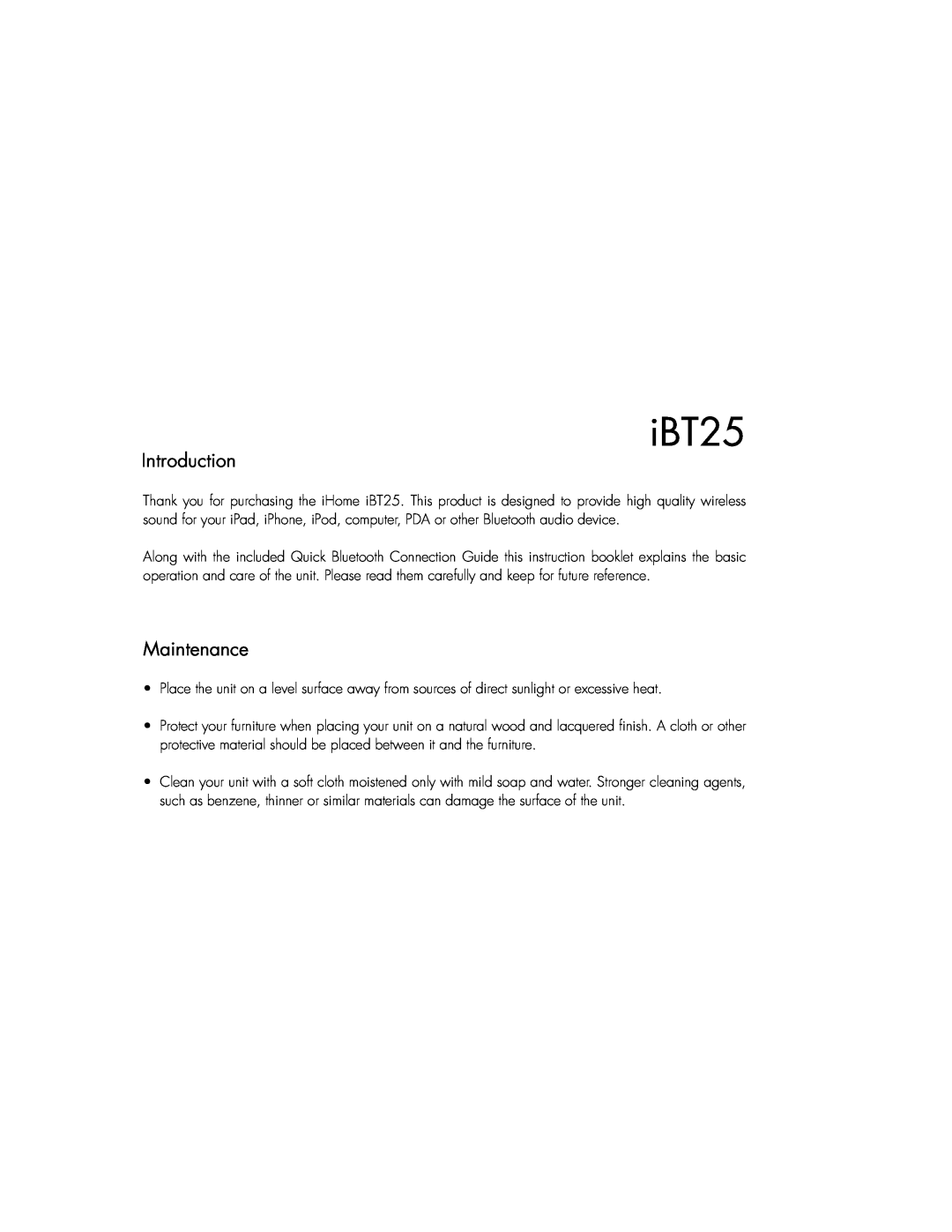 iHome IBT25BC instruction manual iBT25, Introduction, Maintenance 