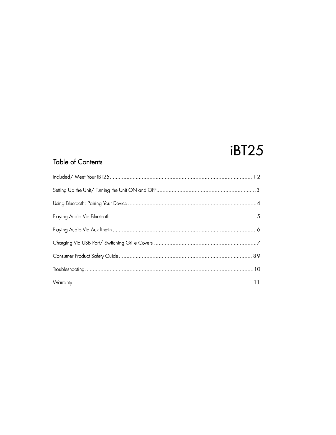 iHome IBT25BC instruction manual Table of Contents, iBT25 