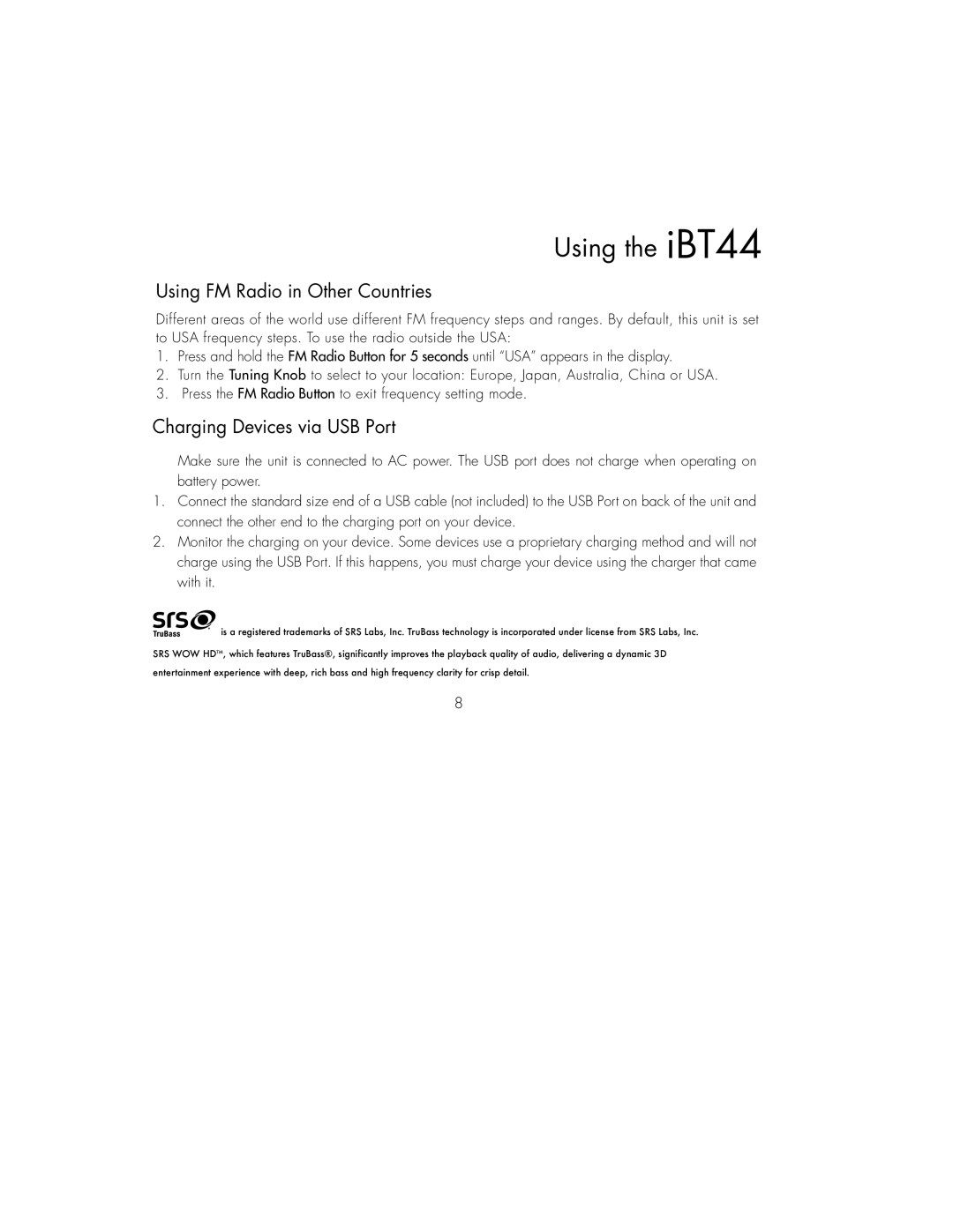 iHome iBT44 iB instruction manual Using FM Radio in Other Countries, Charging Devices via USB Port 