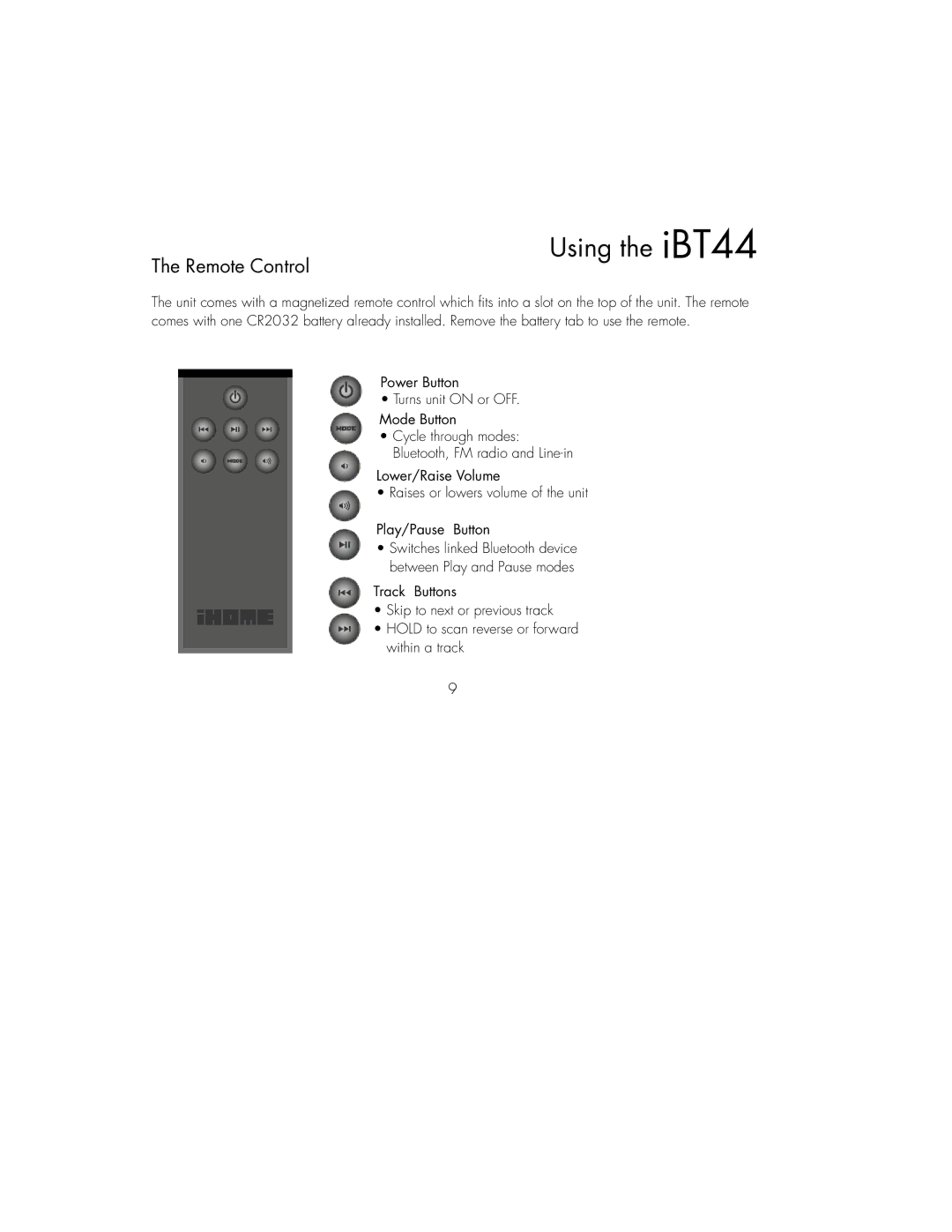 iHome iBT44 iB instruction manual Remote Control 