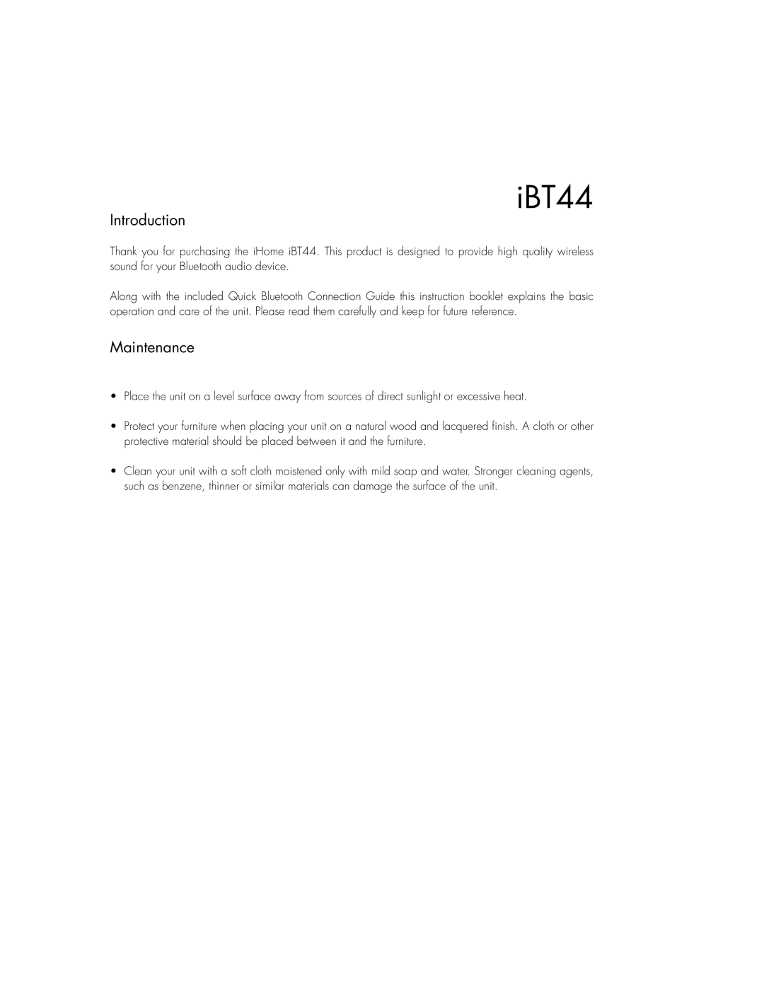 iHome iBT44 iB instruction manual Introduction, Maintenance 