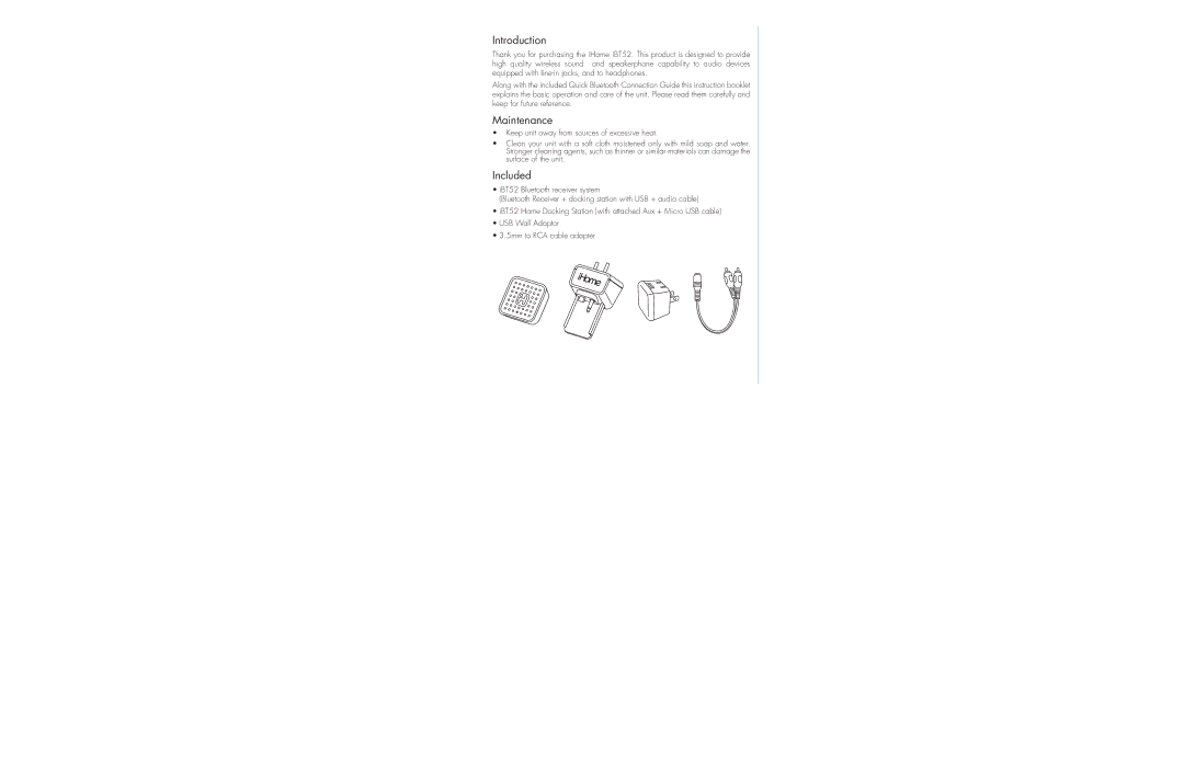 iHome iBT52 instruction manual Introduction, Maintenance, Included 