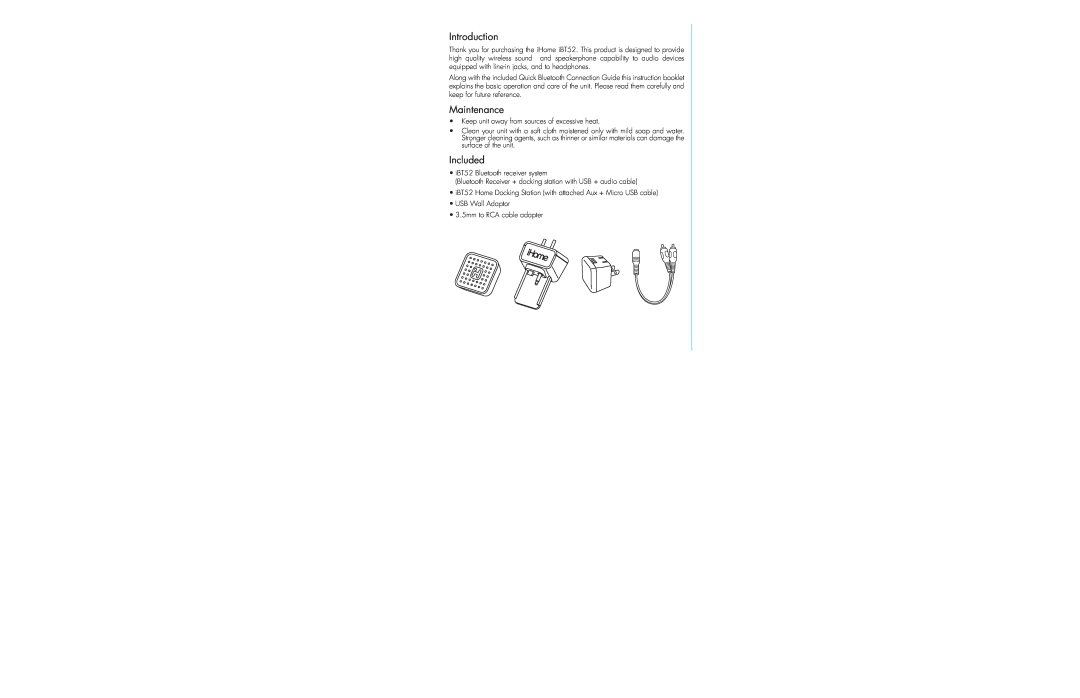 iHome iBT52 instruction manual Introduction, Maintenance, Included 