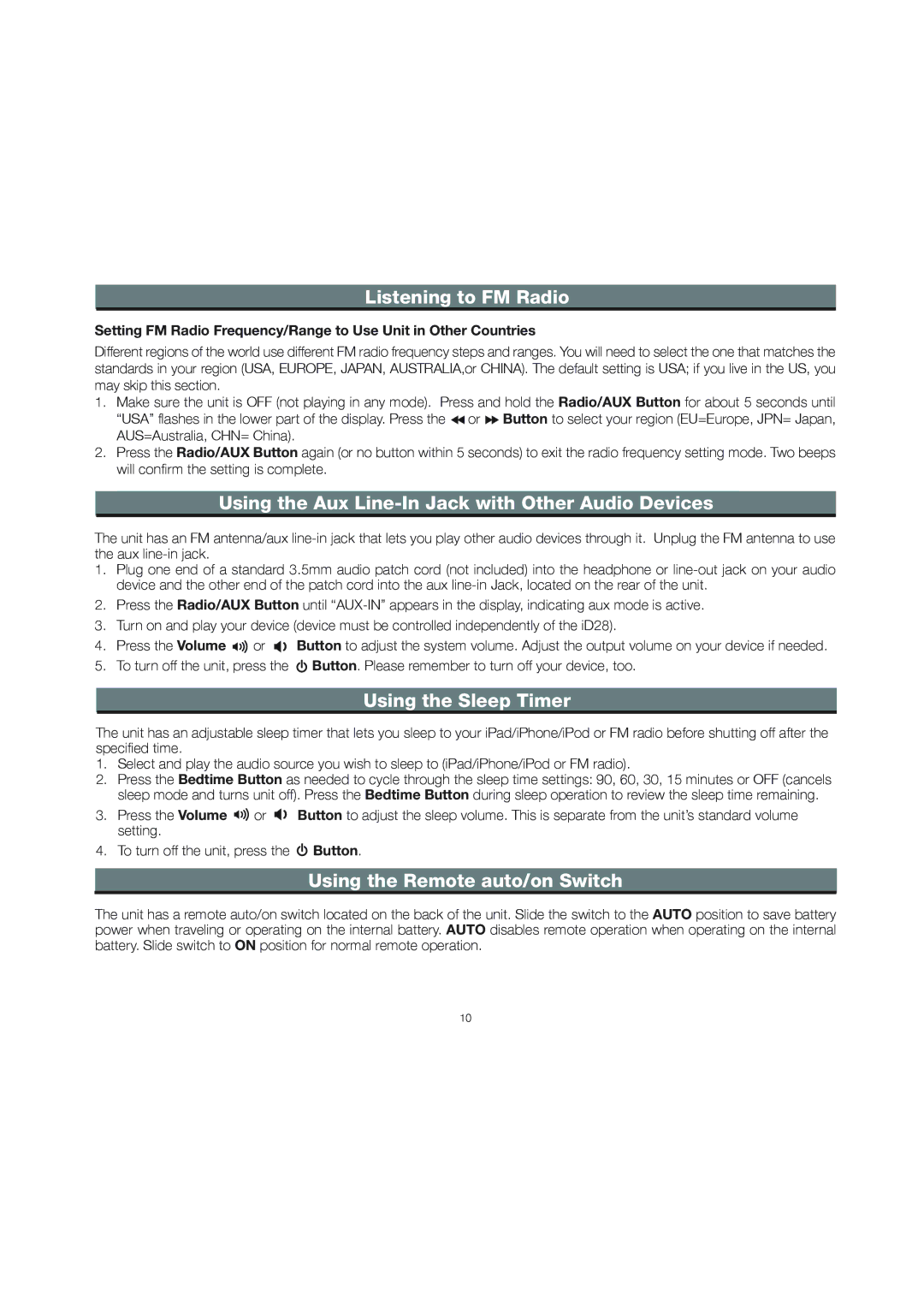 iHome ID28 Using the Aux Line-In Jack with Other Audio Devices, Using the Sleep Timer, Using the Remote auto/on Switch 