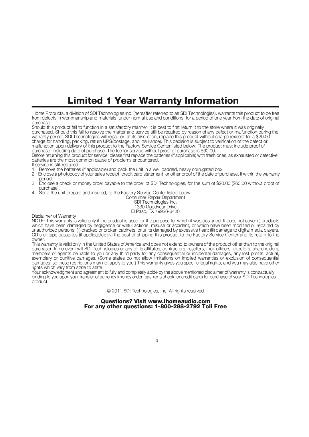 iHome ID28 manual Limited 1 Year Warranty Information 