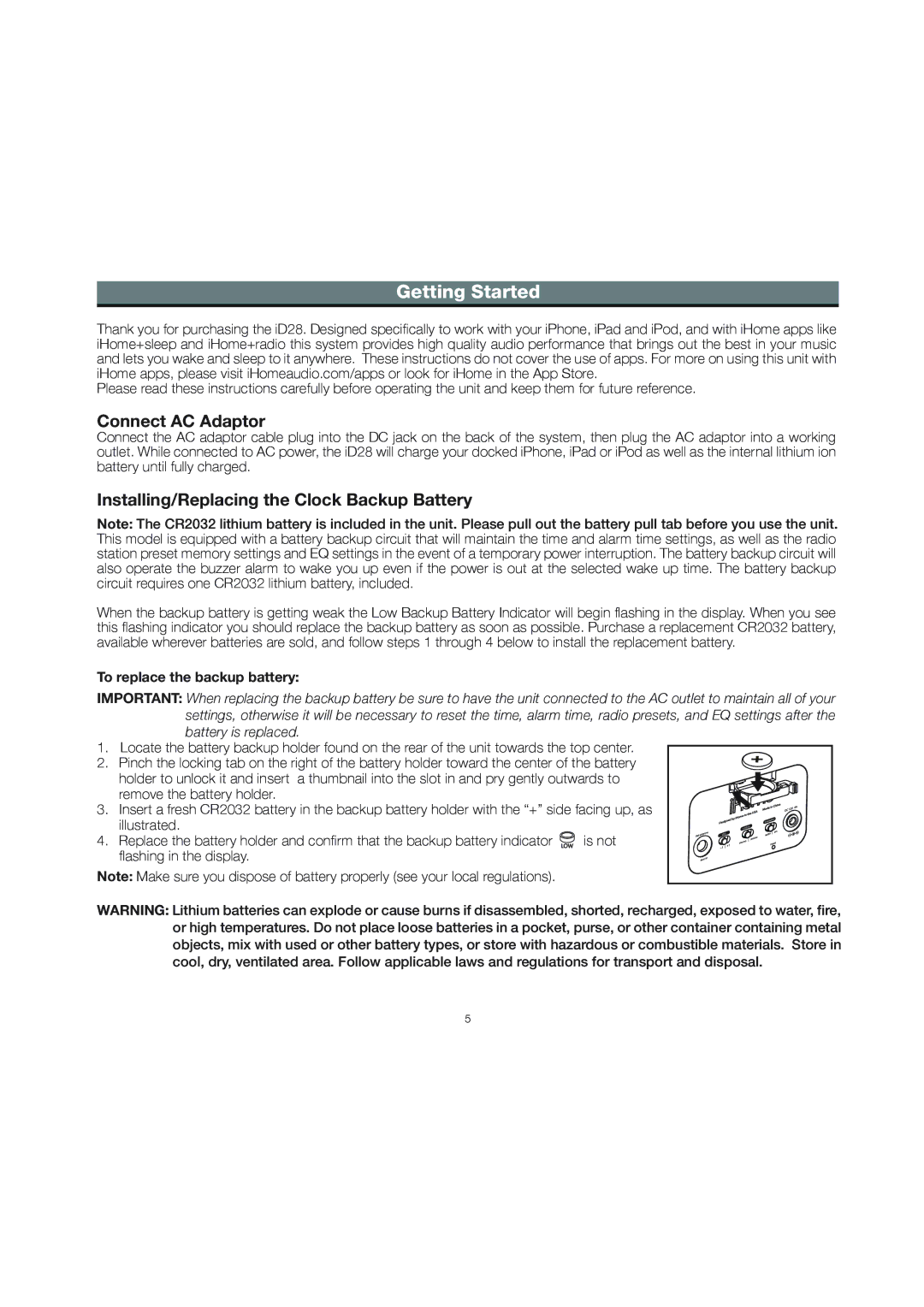 iHome ID28 manual Getting Started, Connect AC Adaptor 