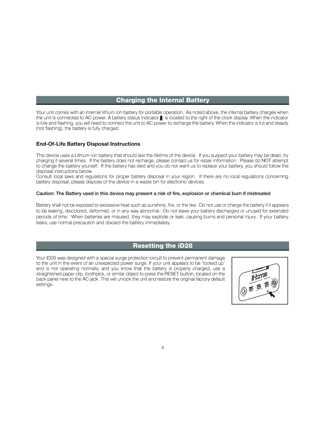 iHome ID28 manual Charging the Internal Battery, Resetting the iD28 