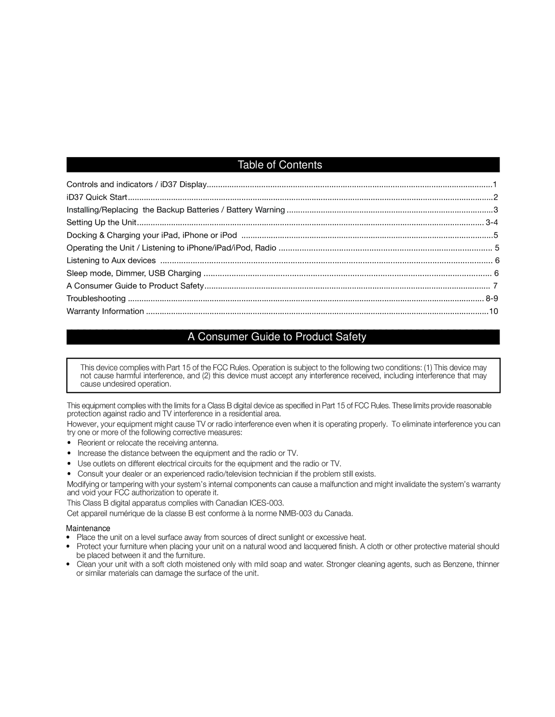 iHome ID37 manual Table of Contents, Consumer Guide to Product Safety 