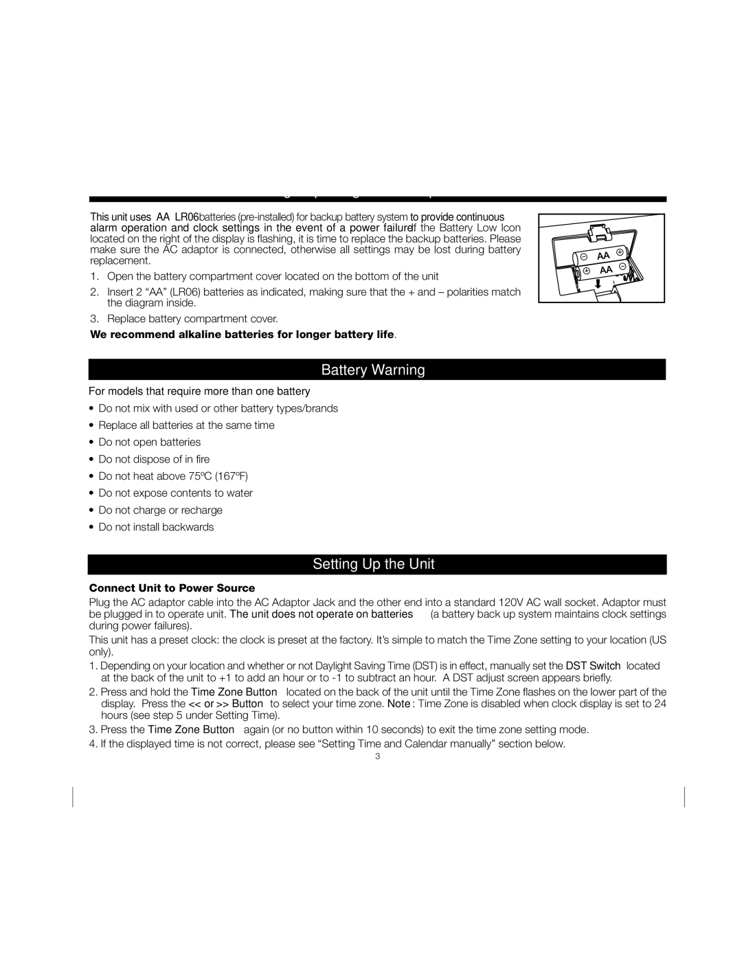 iHome ID37 manual Installing/Replacing the Backup Batteries, Battery Warning, Setting Up the Unit 