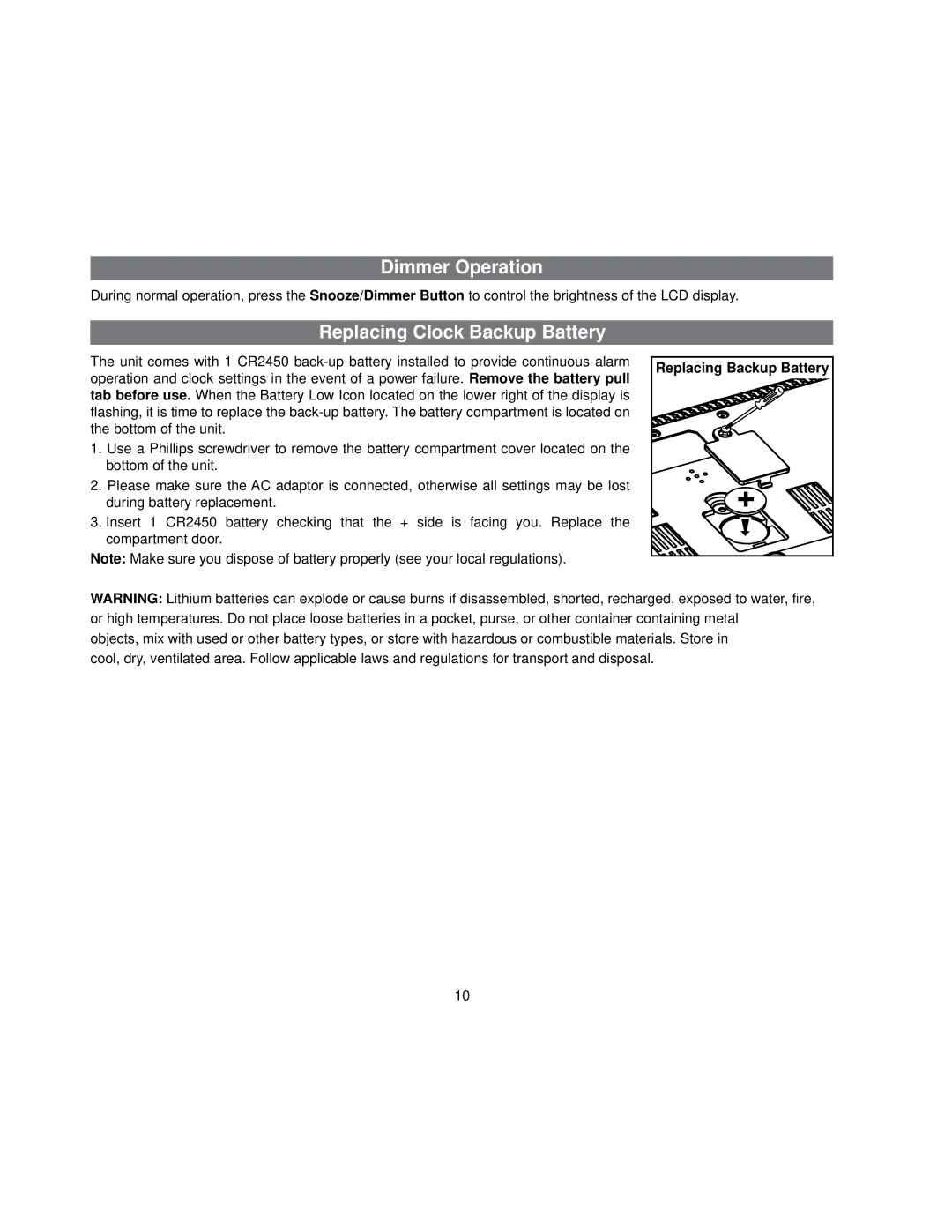 iHome id50 manual Dimmer Operation, Replacing Clock Backup Battery 