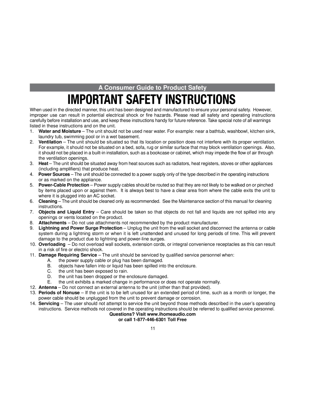 iHome id50 manual Consumer Guide to Product Safety, Or call 1-877-446-6301 Toll Free 