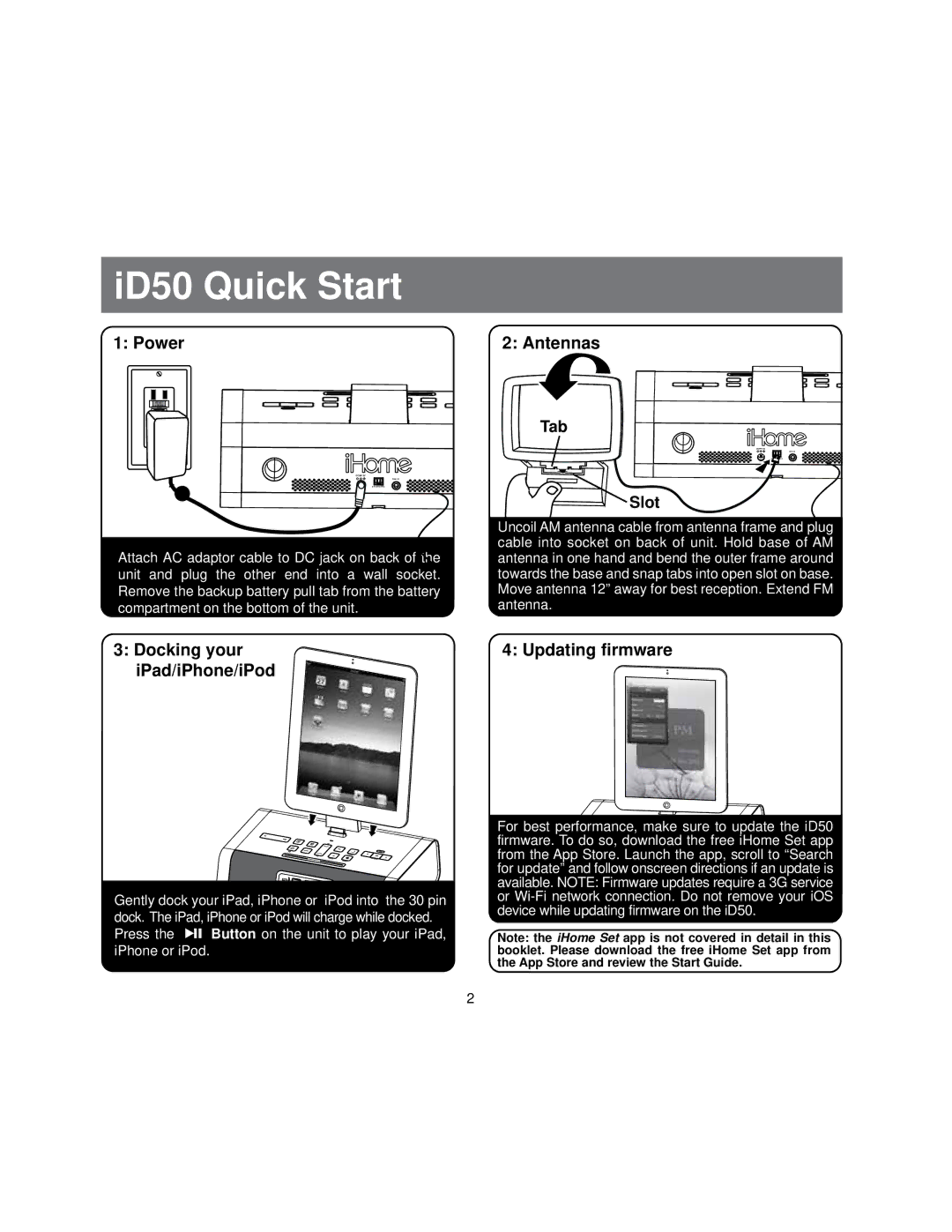 iHome id50 manual Power, Docking your iPad/iPhone/iPod, Antennas, Updating firmware 