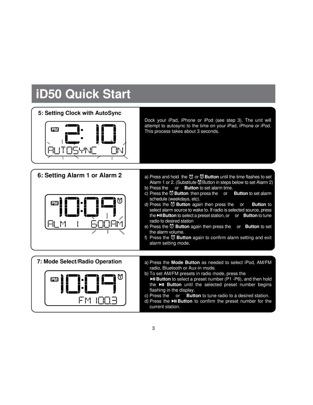 iHome id50 manual Setting Clock with AutoSync, Mode Select/Radio Operation 