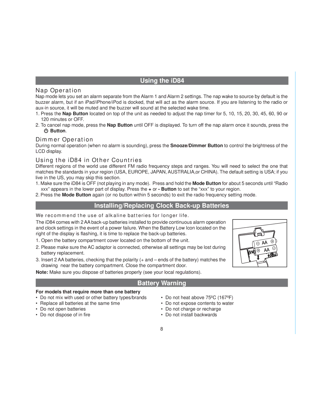 iHome ID84 manual Installing/Replacing Clock Back-up Batteries, Battery Warning, Nap Operation, Dimmer Operation 