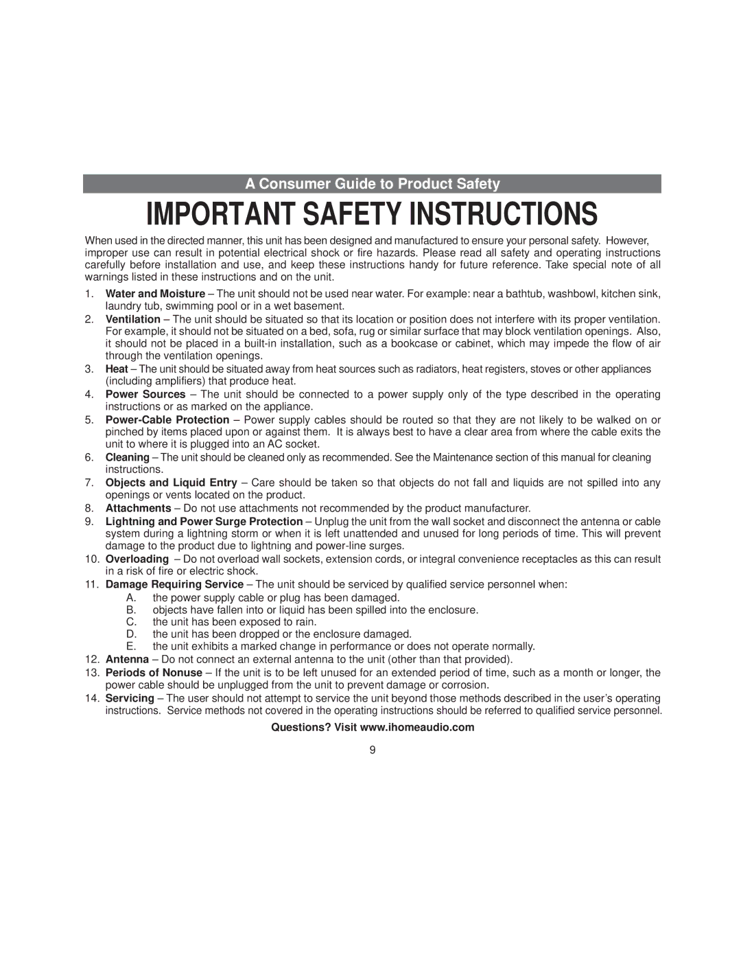 iHome ID84 manual Important Safety Instructions 