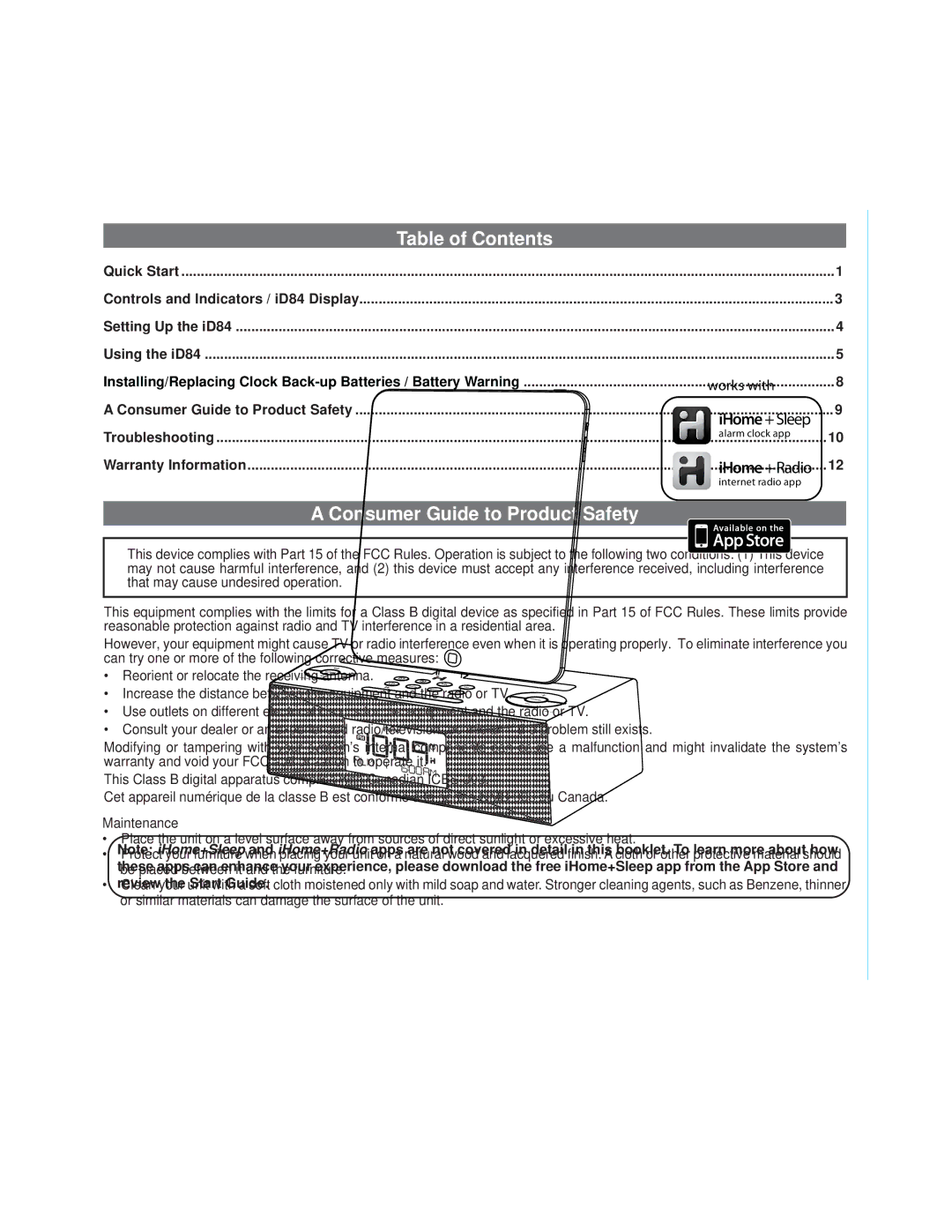 iHome ID84 manual Table of Contents, Consumer Guide to Product Safety 