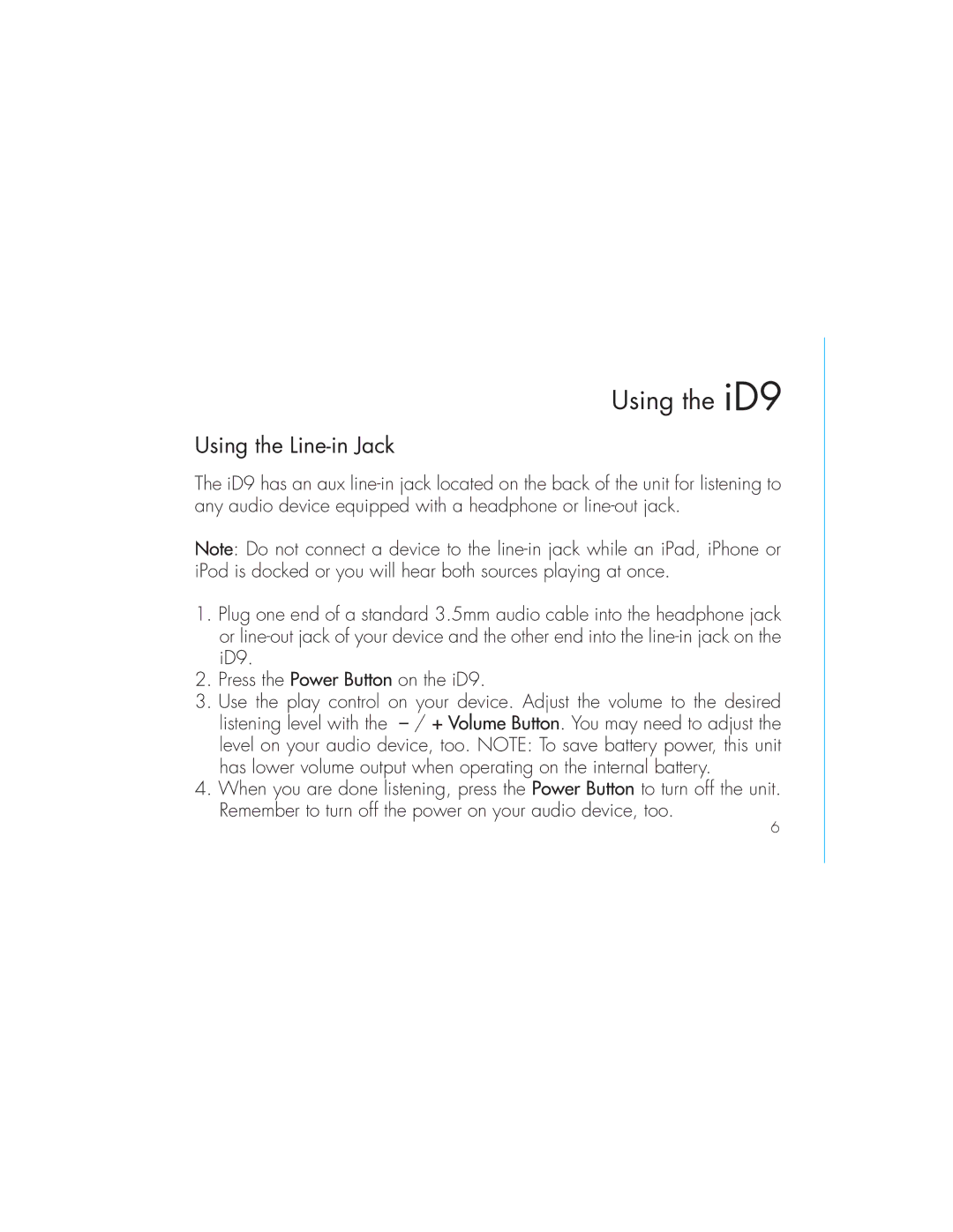 iHome ID9 instruction manual Using the Line-in Jack 