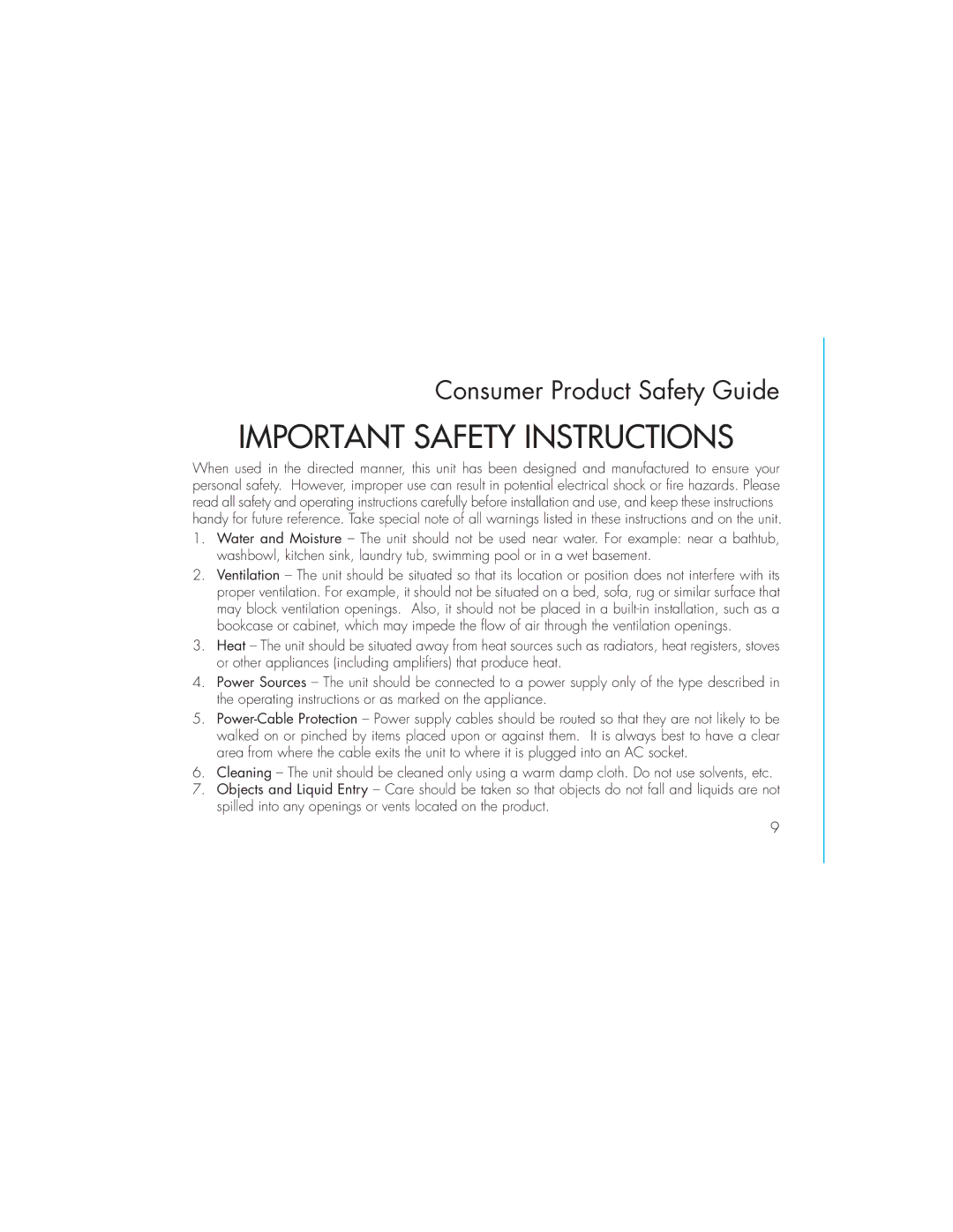 iHome ID9 instruction manual Important Safety Instructions, Consumer Product Safety Guide 