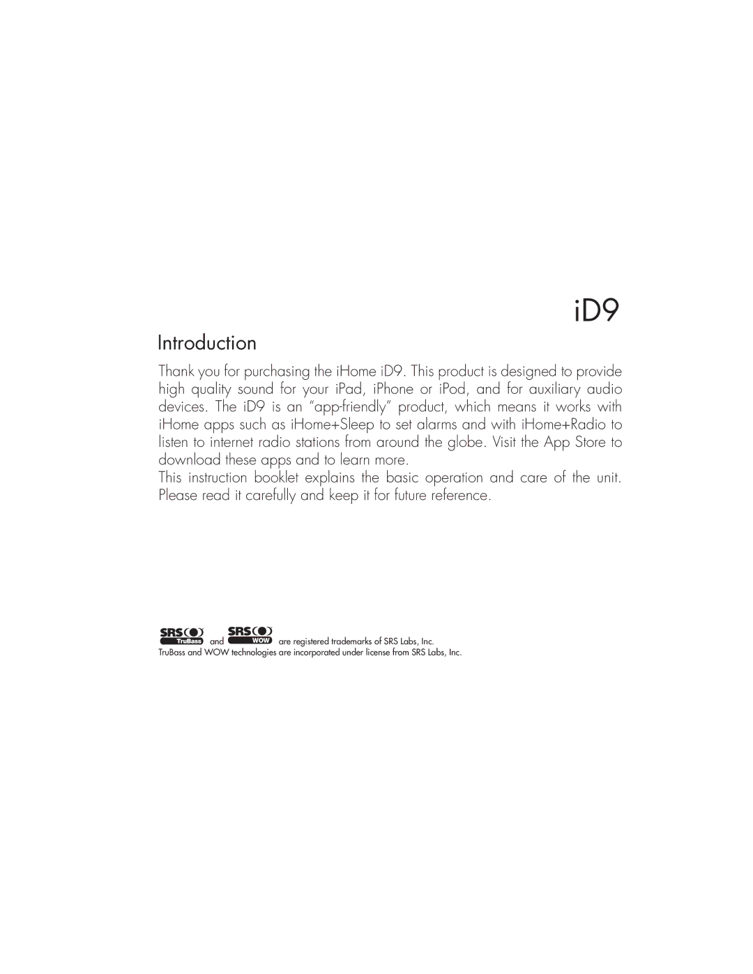 iHome ID9 instruction manual Introduction 