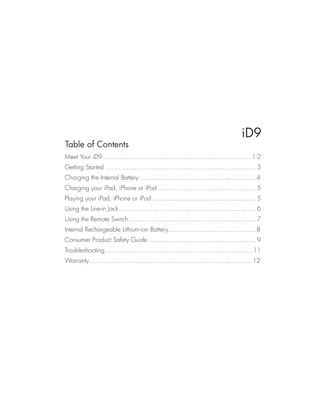 iHome ID9 instruction manual Table of Contents 