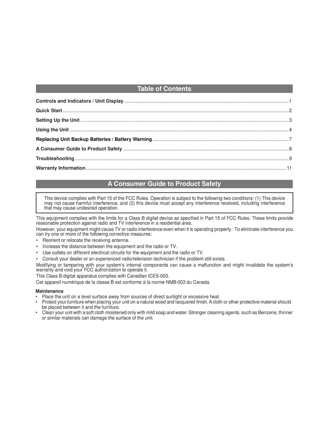 iHome ID91BZC manual Table of Contents, Consumer Guide to Product Safety 